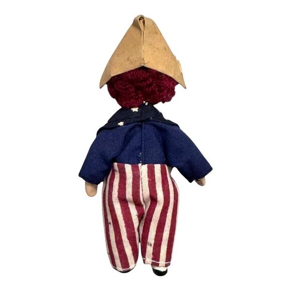 Vintage Rag Doll Red Curly Hair & Striped Pants Patriotic Dunce Cap Hat Mini 4" - Picture 3 of 5
